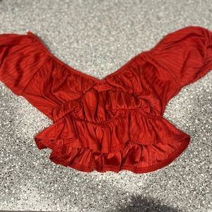 off the shoulder solid ruffle trim crop top